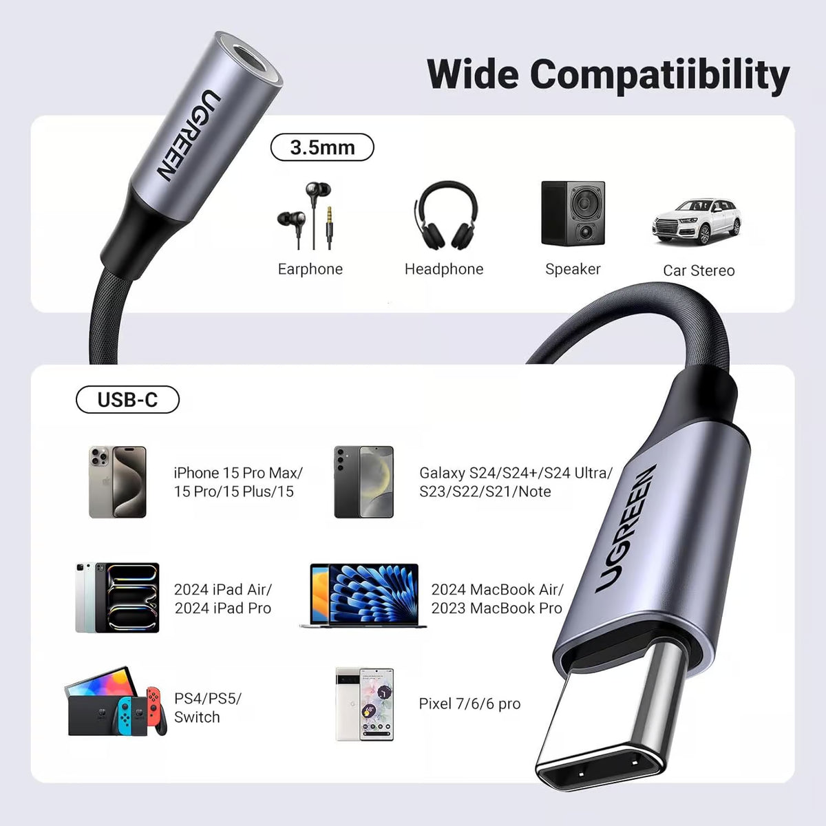 UGREEN 80154 USB-C to 3.5mm Audio Adapter - Hi-Fi DAC Braided 10CM
