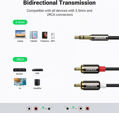 UGREEN 10590 3.5mm Male to 2RCA Male Audio Cable - 3M HiFi Stereo Cord