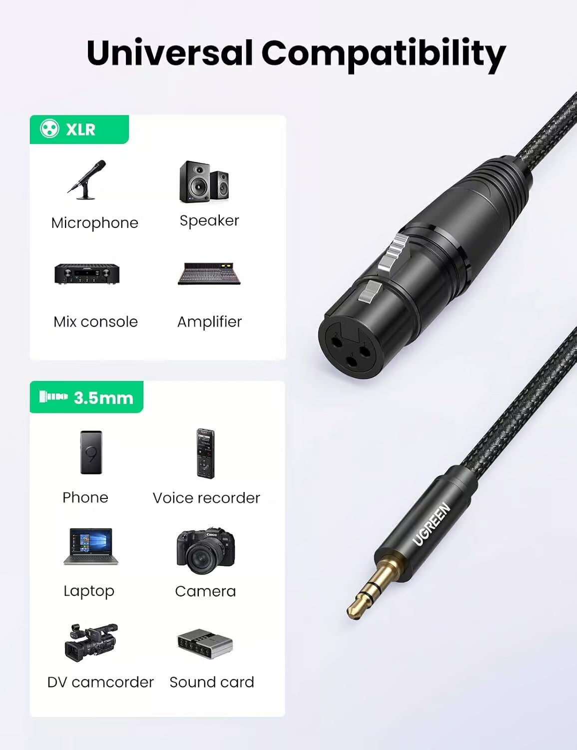 UGREEN 20244 3.5mm to XLR Audio Cable – 2m, Nylon Braided