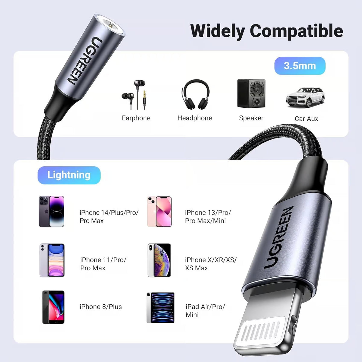 UGREEN 30756 Lightning to 3.5mm Headphone Adapter - Apple MFi Certified 10cm