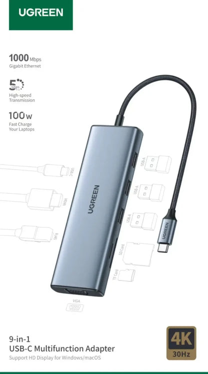 UGREEN 15600 9-in-1 USB-C Multifunction Hub with 4K HDMI & LAN (New)