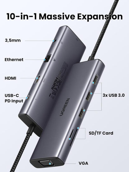 UGREEN 15601 10-in-1 USB-C Dual Monitor Hub with HDMI & VGA (New)