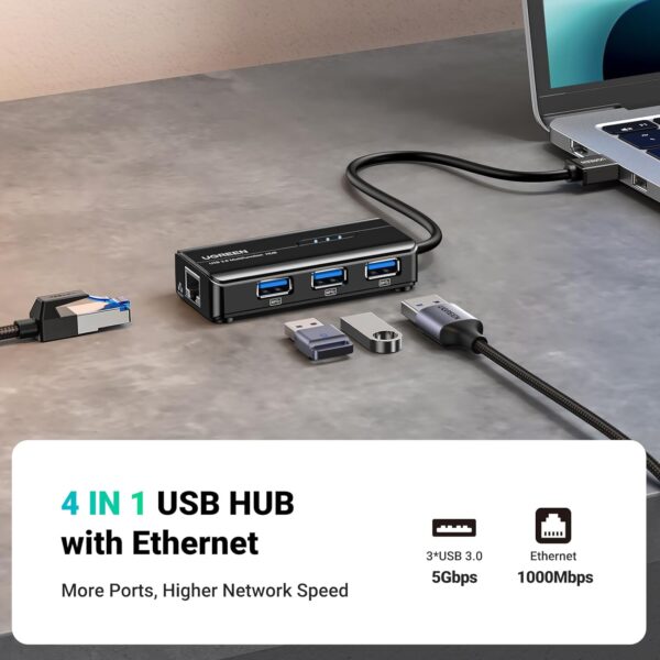 UGREEN 20265 USB 3.0 3-Port Hub with Gigabit Ethernet Adapter (New)