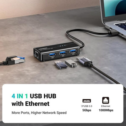 UGREEN 20265 USB 3.0 3-Port Hub with Gigabit Ethernet Adapter (New)