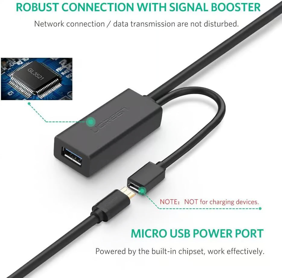 UGREEN 20826 USB 3.0 Active Extension Cable with Signal Booster - 5M (Brand New)