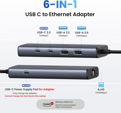 UGREEN 45320 6-in-1 USB-C Hub with Gigabit Ethernet & USB 3.2 (New)