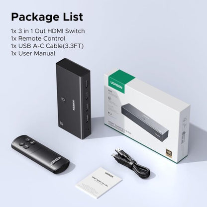 UGREEN 55857 3-Port 4K@60Hz HDMI Switch with Remote Control (New)