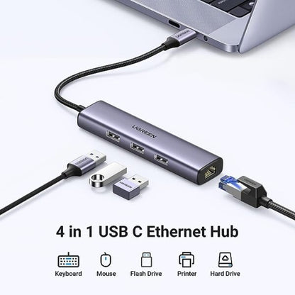 UGREEN 60600 USB-C to 3-Port USB 3.0 Hub with Gigabit LAN (New)
