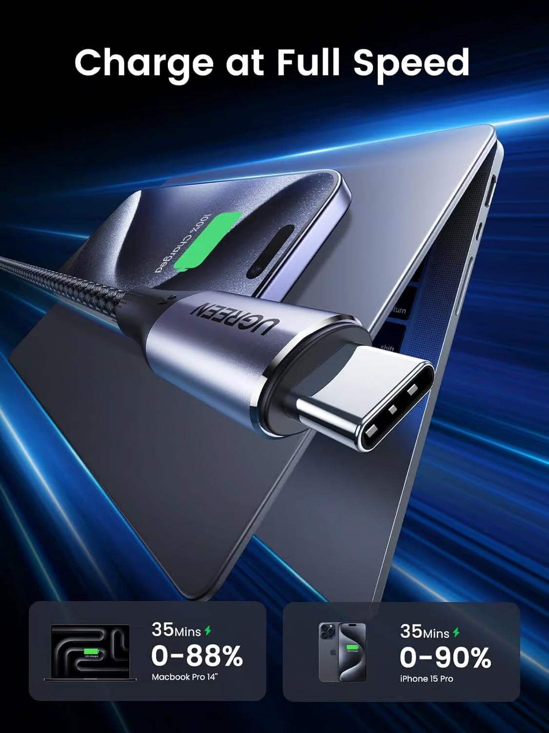 UGREEN 80150 USB-C 3.1 Gen2 Cable - 240W 10Gbps 4K@60Hz 1M