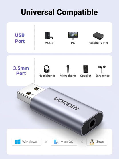 UGREEN 80864 USB-A to 3.5mm Aluminum Sound Adapter Gray (New)